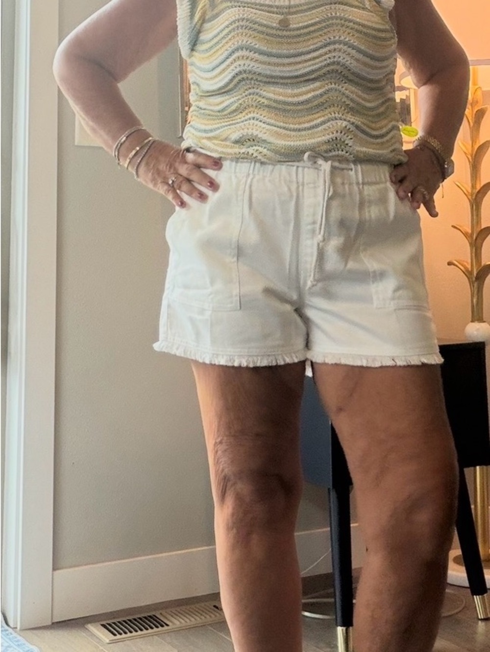 Elan High-Waist Frayed Hem White Shorts